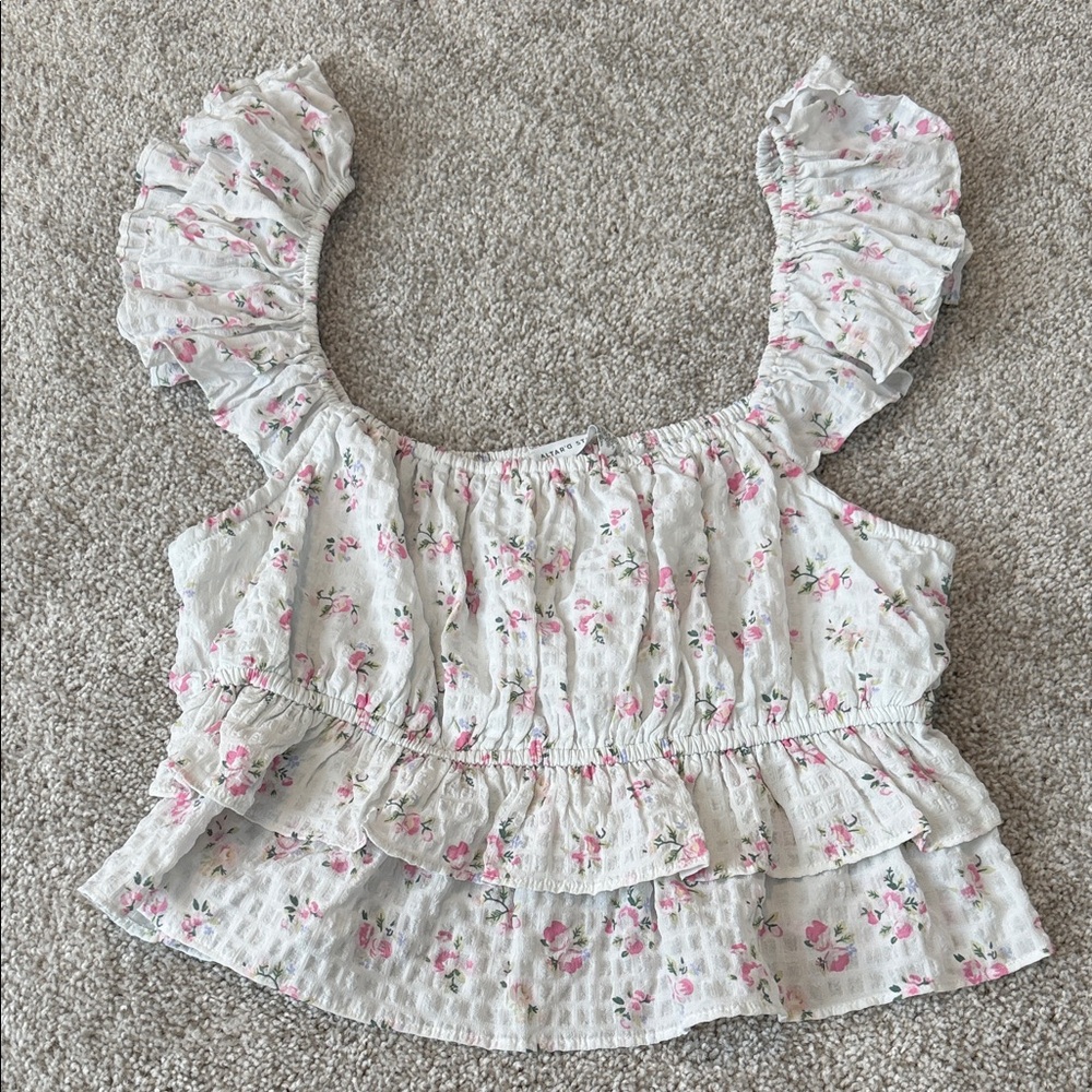 Altar'd State Pink Floral Ruffle Blouse